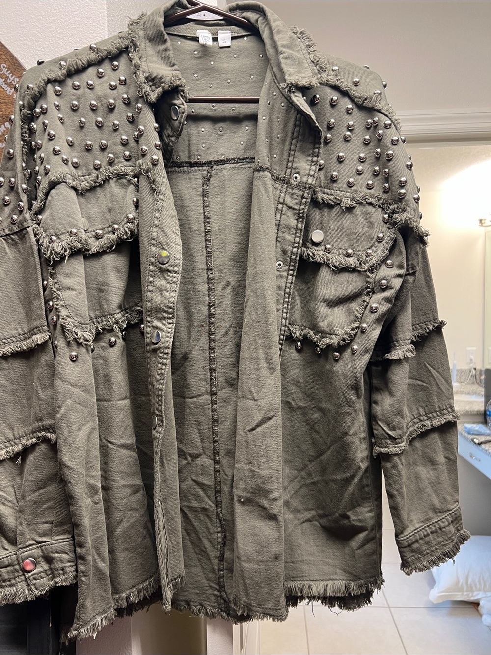 Elan Olive Green Studded Frayed Utility Jacket